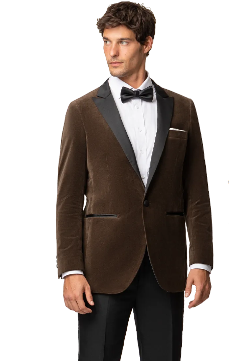 A man in a snazzy brown suit with a black bow tie, a nice look for your first Valentine's Day.