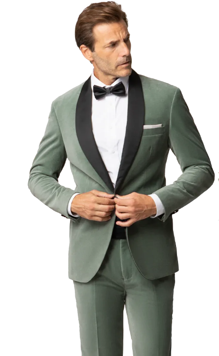 A man in a black and gray suit with a black bow tie and white shirt.