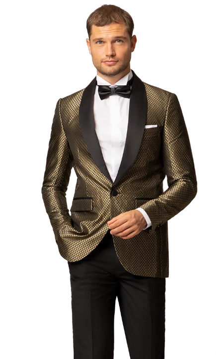 A young man in a shiny copper colored blazer and black bow tie with his hand in his pocket.