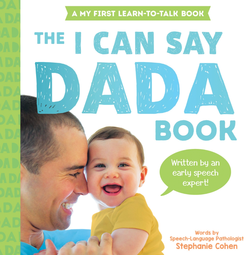 A dad expectig his baby to say 'Dad' very soon, while reading a personalized book.
