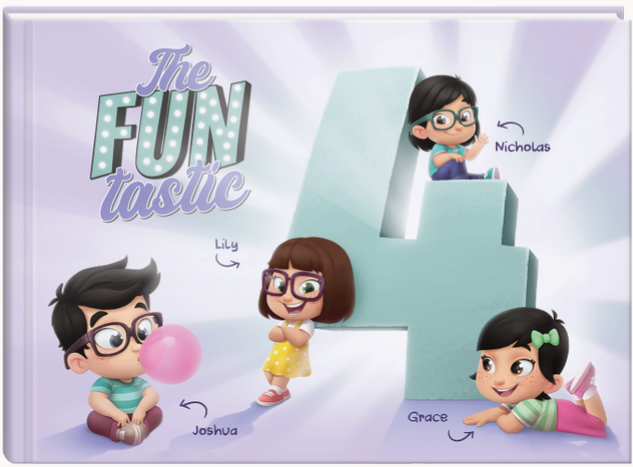 There's no end to the fun with this personalized book for 4 siblings, cousins or friends.