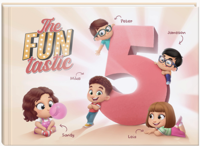 Playtime is fun time for 5 cousins, friends or siblings in this imaginative custom book.