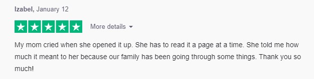 Persoanlized book for moms rated 5 starts on Trustpilot.